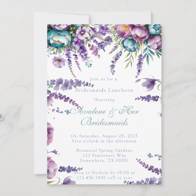 Turquoise Purple Flowers Bridesmaids Luncheon Invitation (Front)