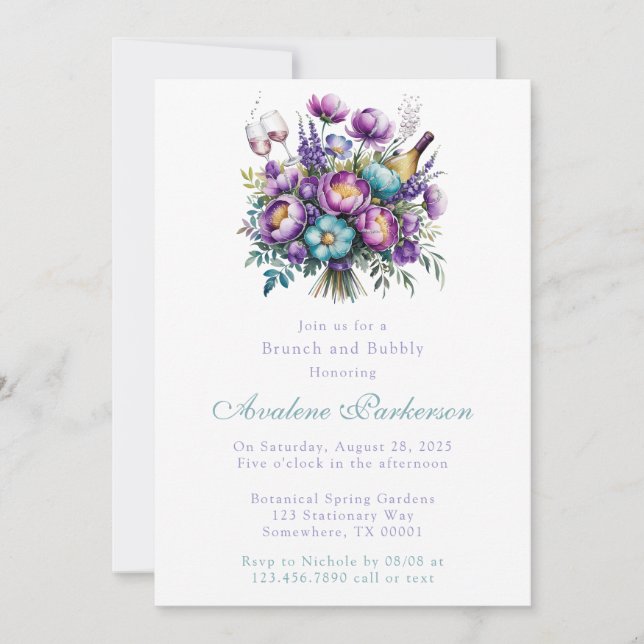 Turquoise Purple Flowers Peony Brunch and Bubbly  Invitation (Front)