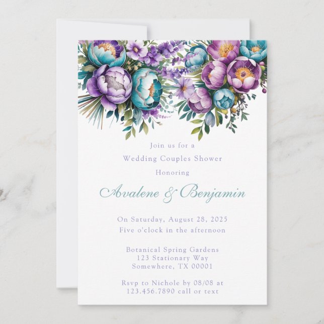 Turquoise Purple Flowers Wedding Couples Shower Invitation (Front)