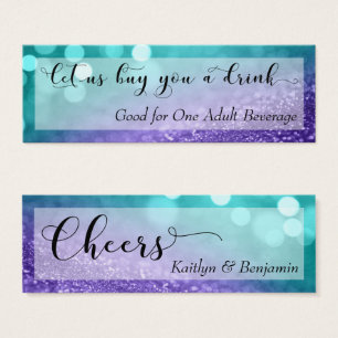 Turquoise Purple Glitter Bokeh Script Drink Ticket