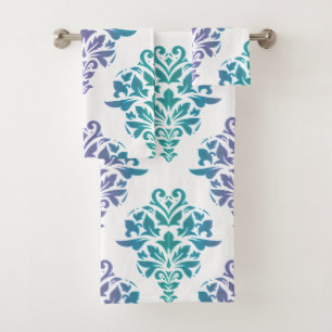 Turquoise Purple Gradient Damask Print Towlet Set