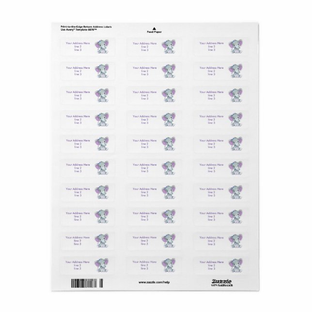 Turquoise Purple Grey Girl Elephant Address Labels (Full Sheet)