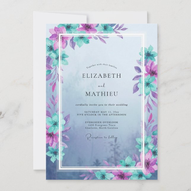 Turquoise Purple Leafy Wedding Invitation (Front)