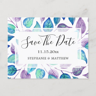 Turquoise Purple Leaves Wedding Save The Date Announcement Postcard