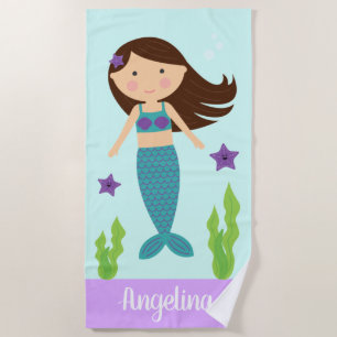 Turquoise & Purple Mermaid Beach Towel- Brown Hair Beach Towel