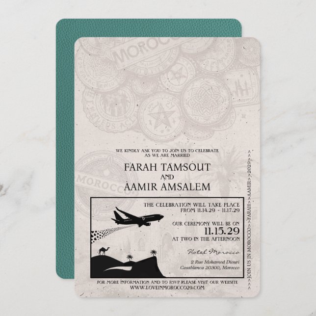 Turquoise Purple Morocco Passport Wedding Invitation (Front/Back)