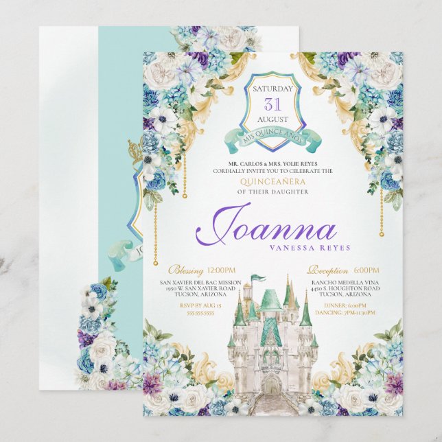 Turquoise Purple Princess Castle Royal Quinceanera Invitation (Front/Back)