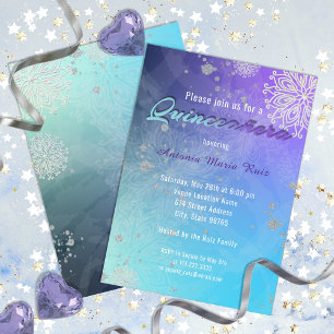 Turquoise Purple Silver Glitter Quinceañera  Invitation