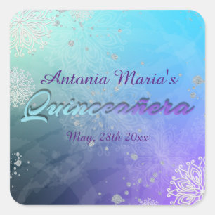 Turquoise Purple Silver Glitter Quinceañera  Square Sticker