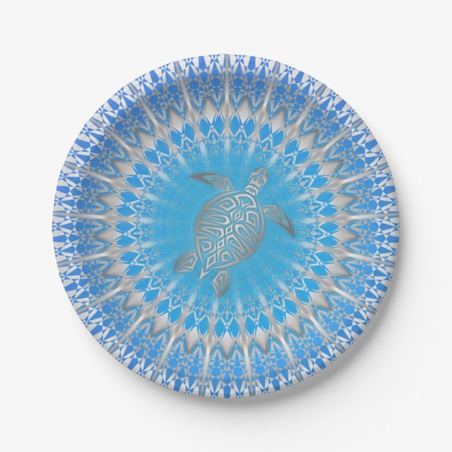 Turquoise Purple Silver Turtle Mandala Paper Plate (Front)