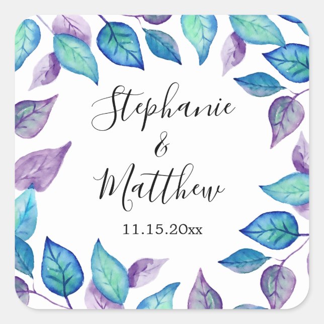 Turquoise Purple Watercolor Painted Leaves Wedding Square Sticker (Front)
