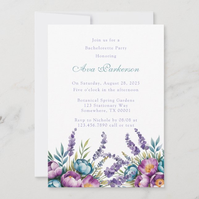 Turquoise Purple Wildflowers Bachelorette Party Invitation (Front)