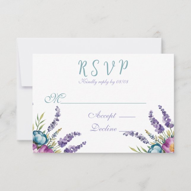 Turquoise Purple Wildflowers Wedding RSVP Card (Front)