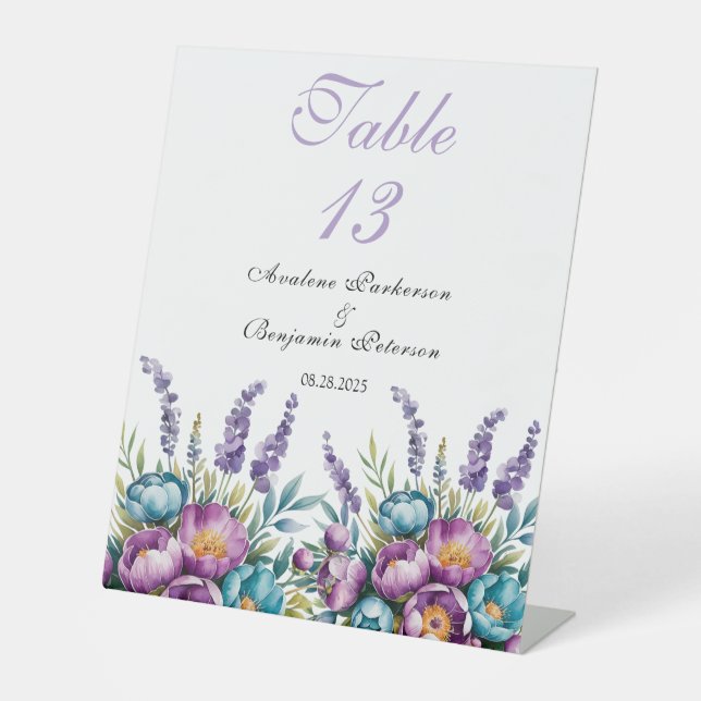 Turquoise Purple Wildflowers Wedding Table Numbers Pedestal Sign (Front)