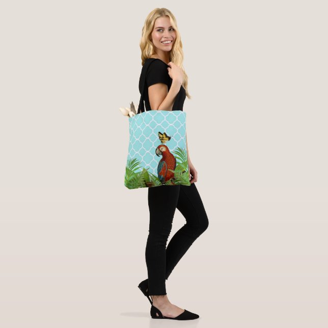 Turquoise Quartrefoil Parrot and Butterfly  Tote Bag (On Model)