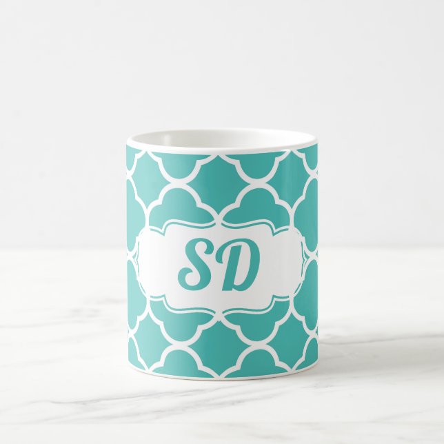 Turquoise Quatrefoil Custom Monogram Coffee Mug (Center)