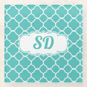 Turquoise Quatrefoil Custom Monogram Glass Coaster