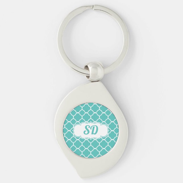 Turquoise Quatrefoil Custom Monogram Key Ring (Front)