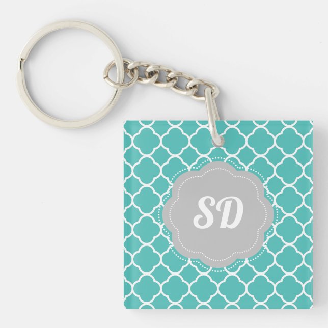 Turquoise Quatrefoil Custom Monogram Key Ring (Front)