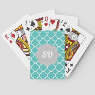 Turquoise Quatrefoil Custom Monogram Playing Cards