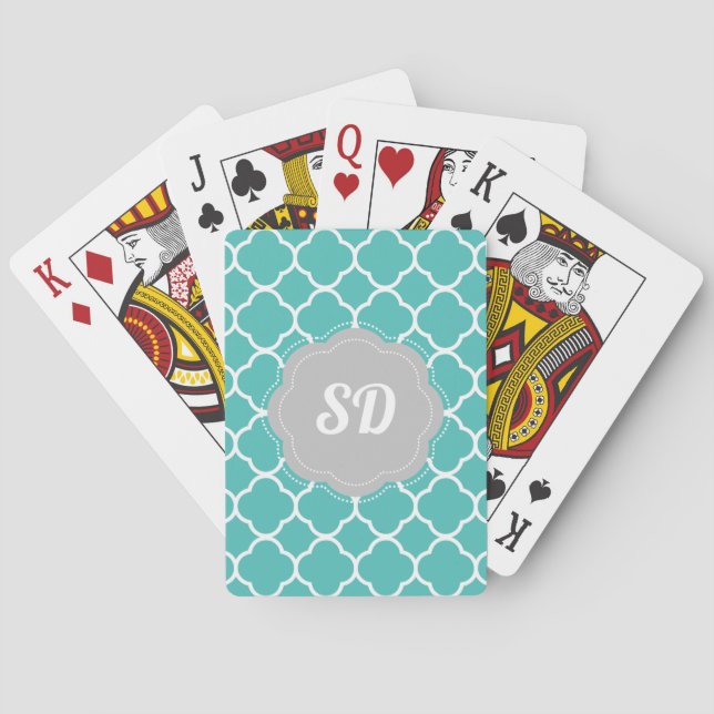 Turquoise Quatrefoil Custom Monogram Playing Cards (Back)