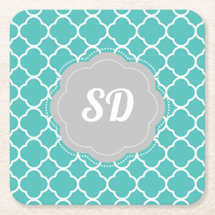 Turquoise Quatrefoil Custom Monogram Square Paper Coaster