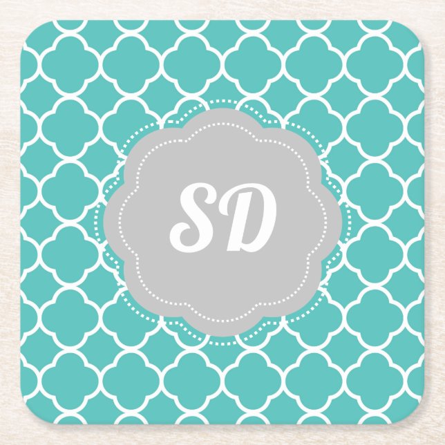 Turquoise Quatrefoil Custom Monogram Square Paper Coaster (Front)