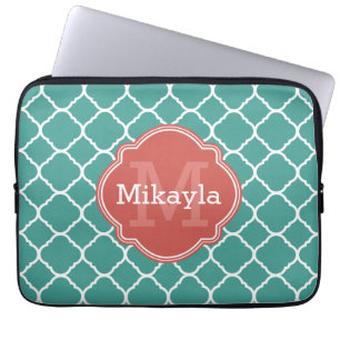 Turquoise Quatrefoil Pattern Coral Monogram Laptop Sleeve