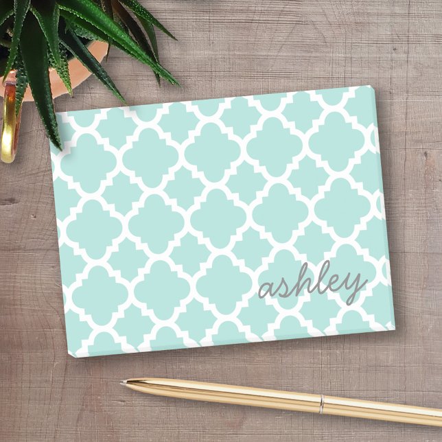 Turquoise Quatrefoil Pattern Script Name Post-it Notes (Personalized Post-it notes - add your name and other text)