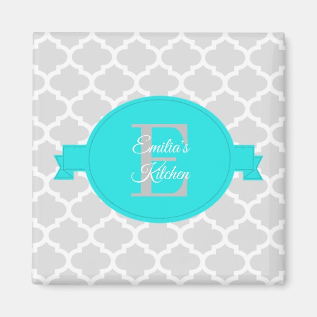 Turquoise Quatrefoil Personalised Magnet (Front)