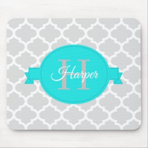Turquoise Quatrefoil Personalised Mouse Pad