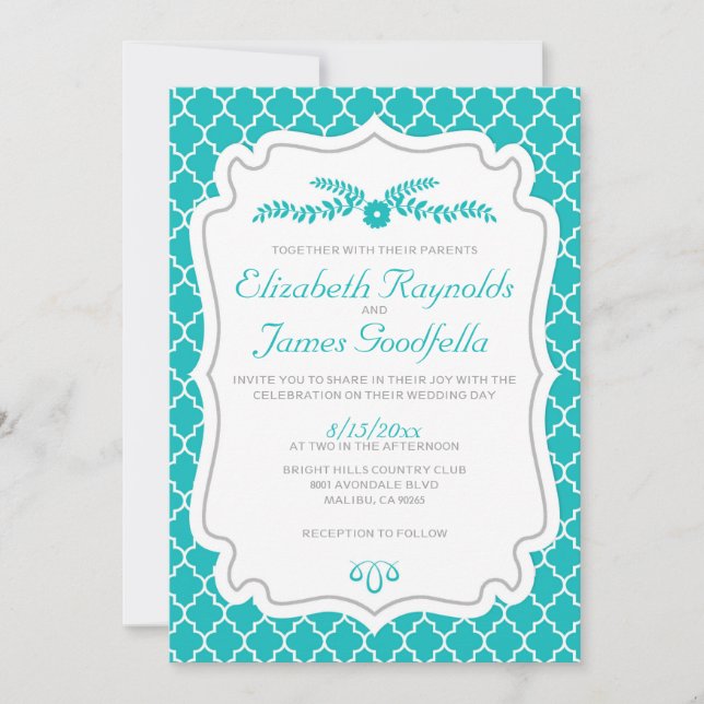 Turquoise Quatrefoil Wedding Invitations (Front)