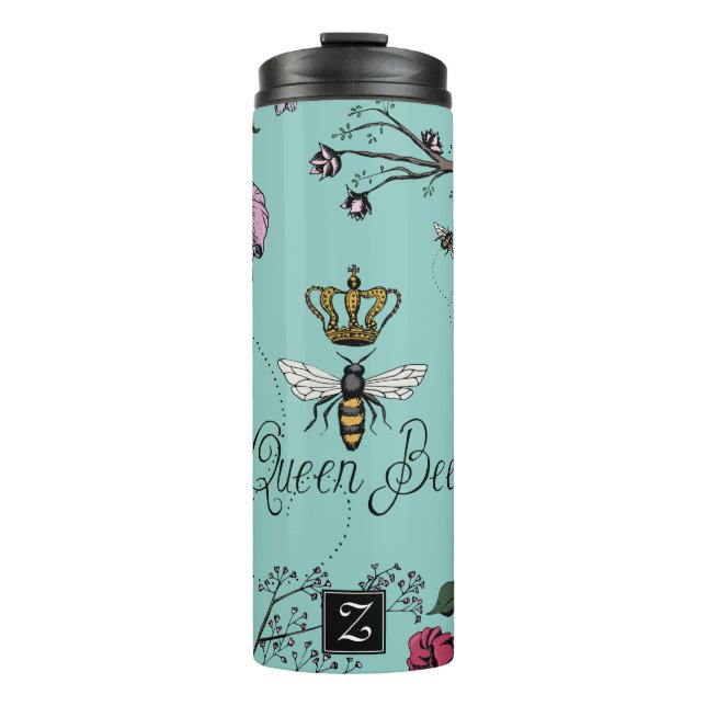 Turquoise Queen Bee & Gold Crown Floral Monogram Thermal Tumbler (Front)