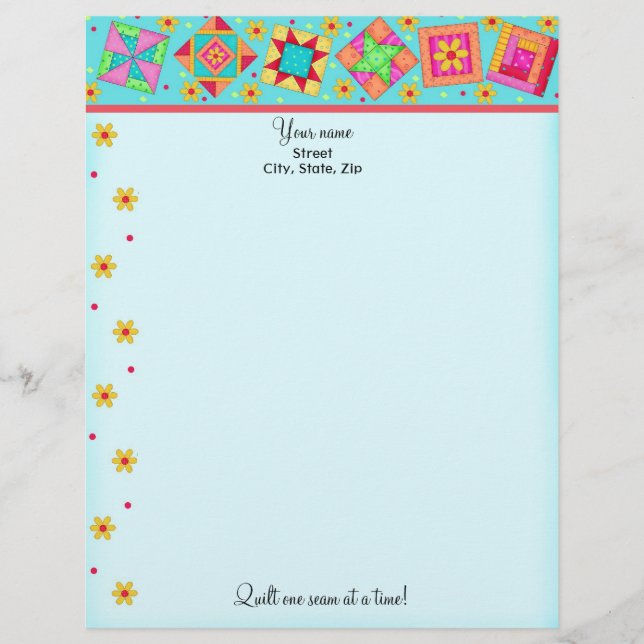 Turquoise Quilt Blocks Letterhead Stationary Template (Front)