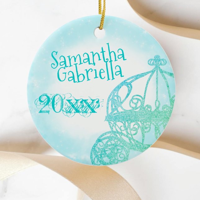 Turquoise Quinceanera Keepsake Christmas Ornament (light turquoise aqua aquamarine christmas photo ornament quinceanera princess gift horse carriage)
