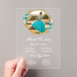 Turquoise quinceañera with picture invitation