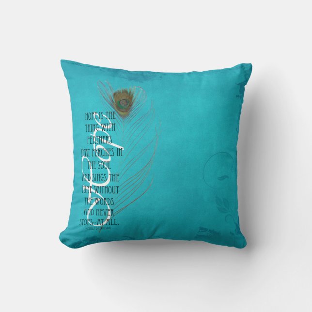 Turquoise Quote Peacock Feather Cushion (Front)