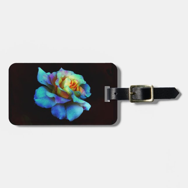 Turquoise Rainbow Rose Luggage Tag (Front Horizontal)