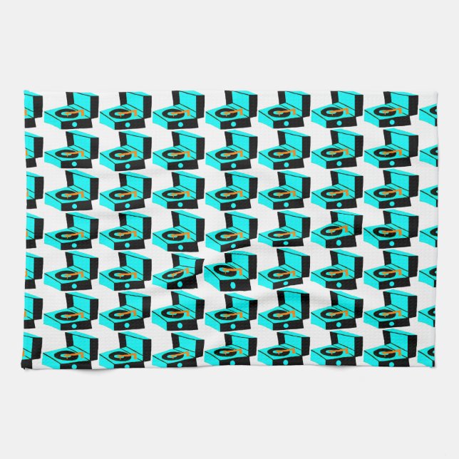 Turquoise Record Player Houndstooth Kitchen Towel (Horizontal)