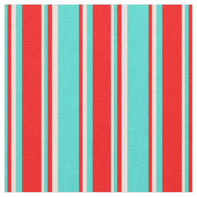 Turquoise, Red, and Beige Coloured Lines Fabric (Close Up)