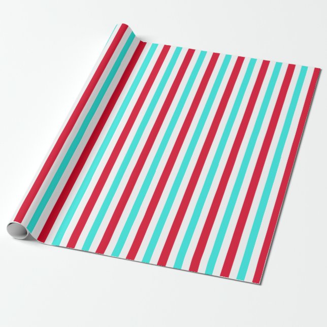 Turquoise Red and White Striped Wrapping Paper (Unrolled)