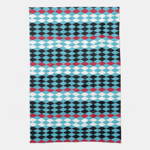 Turquoise , red, black, white diamonds tea towel