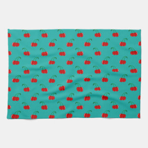 Turquoise red cherry pattern tea towel
