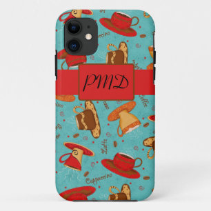 Turquoise & Red Coffee Cups Pattern Monogram iPhone 11 Case