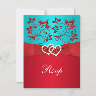Turquoise, Red Floral, Hearts Wedding Reply Card