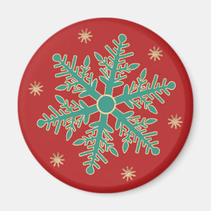 Turquoise Red Gold Christmas Snowflake Magnet