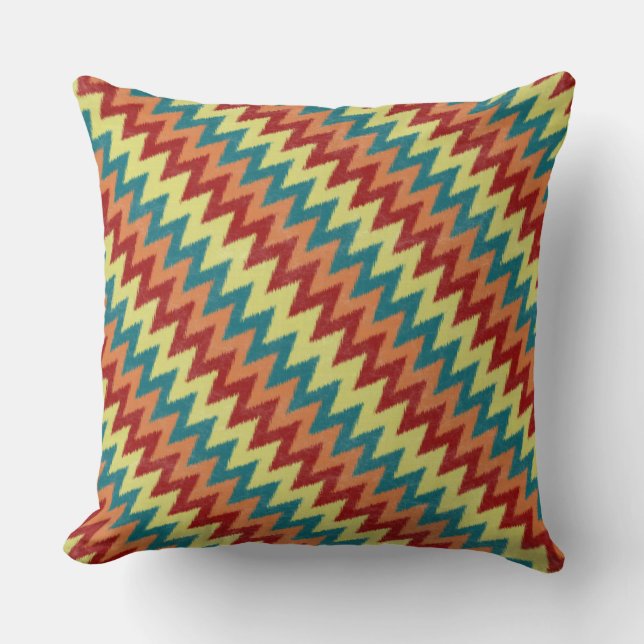 Turquoise, red, orange and yellow zigzag cushion (Front)
