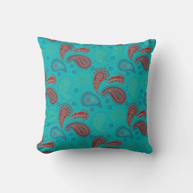 Turquoise Red Paisley Pattern Cushion (Front)