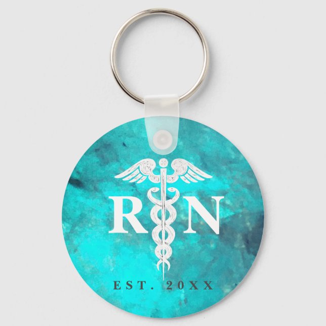 Turquoise Registered Nurse RN Caduceus Custom Year Key Ring (Front)