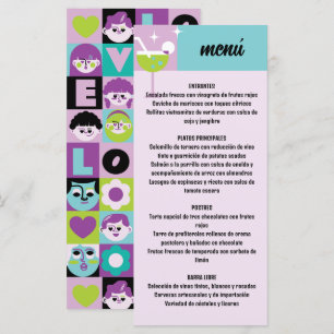 Turquoise retro and purple geometric pattern weddi menu